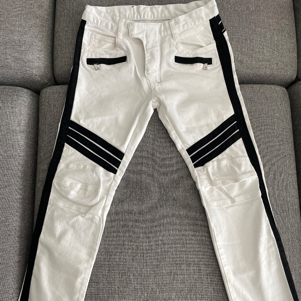 Balmain Biker White Jeans with Black Detail